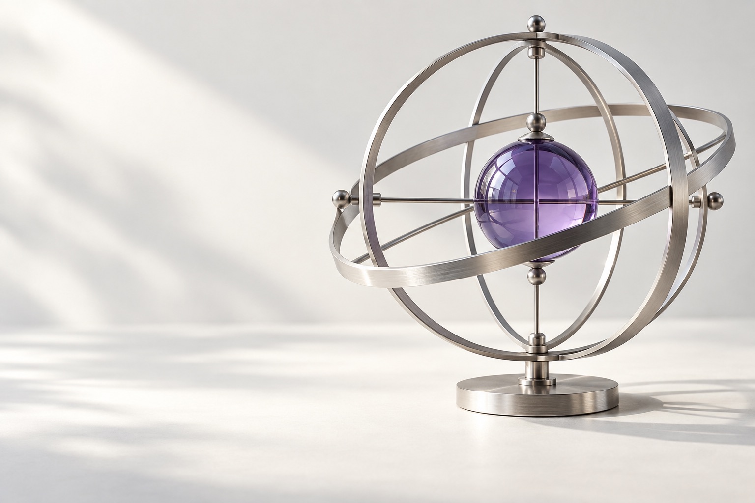 Planetário de metal com esfera de vidro violeta