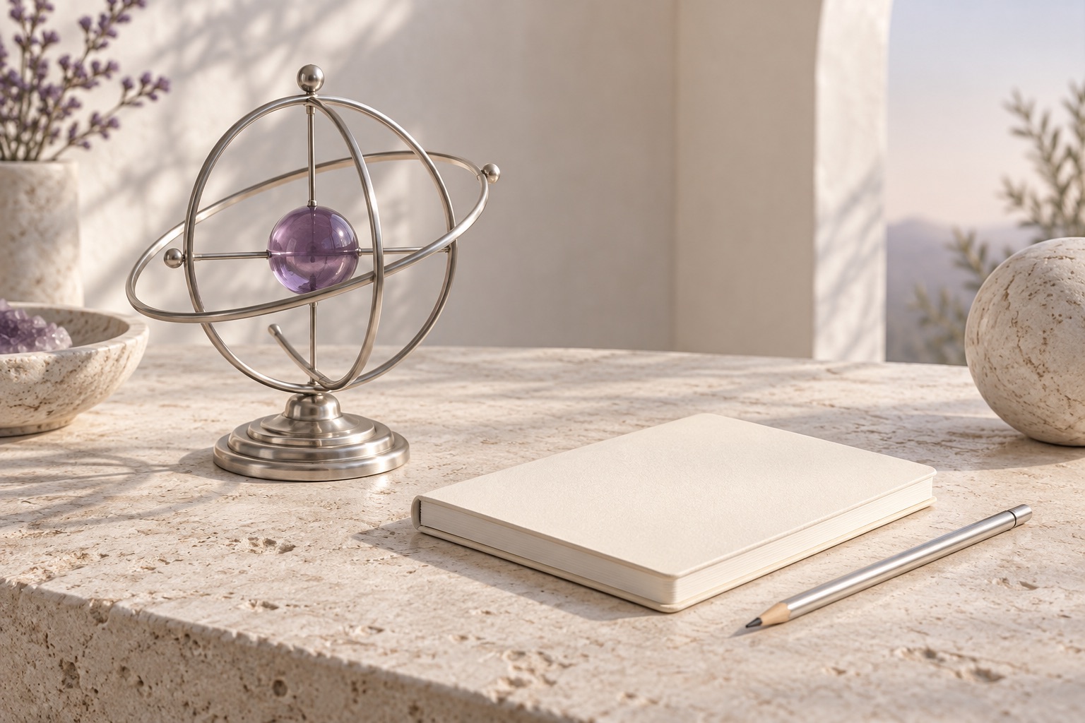 Celestial rings with a violet glass sphere and a blank notebook; editorial illustration